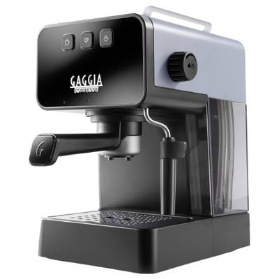 Macchina da caffè espresso dal design moderno con involucro blu-grigio, portafiltro e ugello a vapore. Il nome del marchio è visibile sul lato frontale.