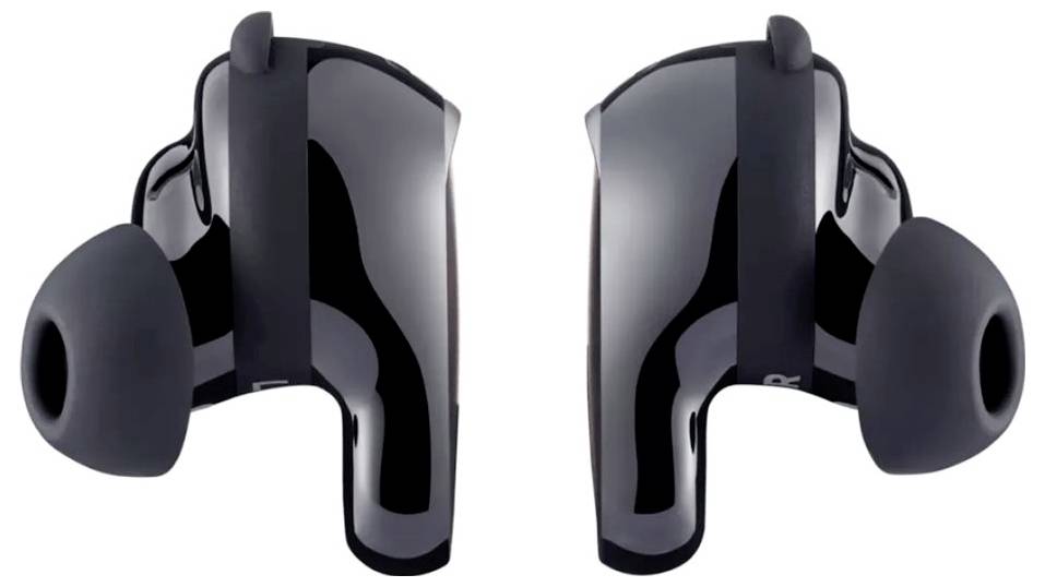 Cuffie in-ear wireless nere con design liscio e lucido e tappi auricolari morbidi, che fluttuano su uno sfondo bianco.