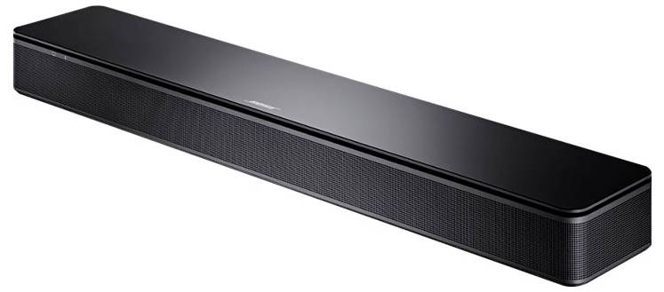 Soundbar nera dal design moderno e minimale, forma rettangolare, superficie superiore piatta e griglia frontale a maglia fine.