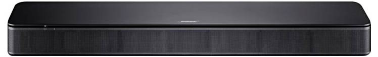 Soundbar nera dal design rettangolare, con superficie liscia e lucida e una fine griglia per altoparlanti sul lato frontale.