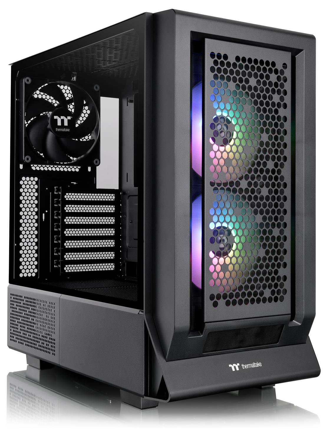 Case nero per computer con pannello laterale in vetro, che mostra due ventole illuminate anteriori e una ventola posteriore, adatto per PC da gaming.
