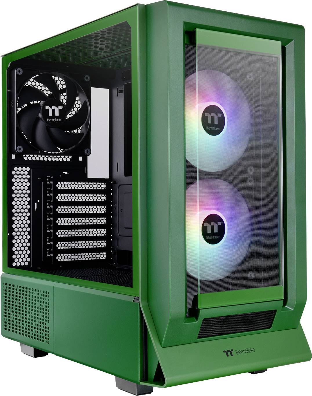 Case per computer verde con pannello laterale trasparente, che mostra ventole illuminate e fessure di ventilazione. Tower PC moderna.