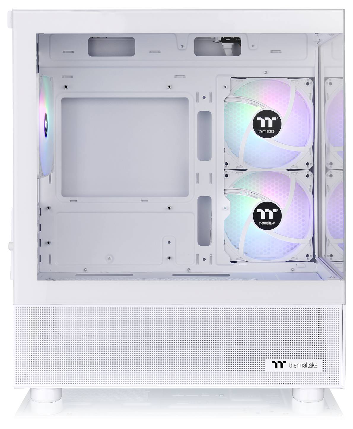 Case bianco per computer Thermaltake con tre ventole RGB in una vista aperta e vuota. Ideale per il raffreddamento e l'assemblaggio del PC.