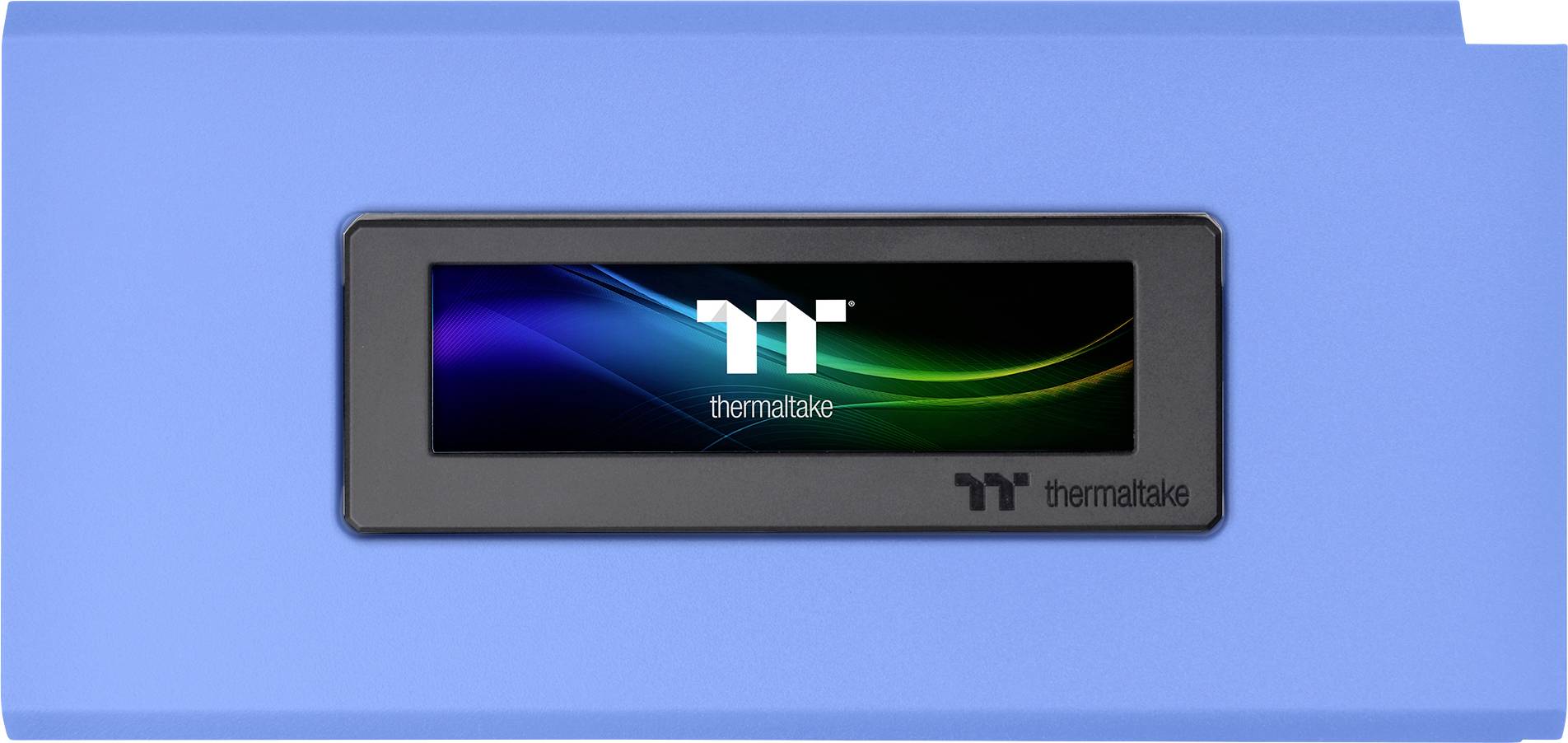 Un dispositivo blu con un display mostra il logo 'thermaltake'.