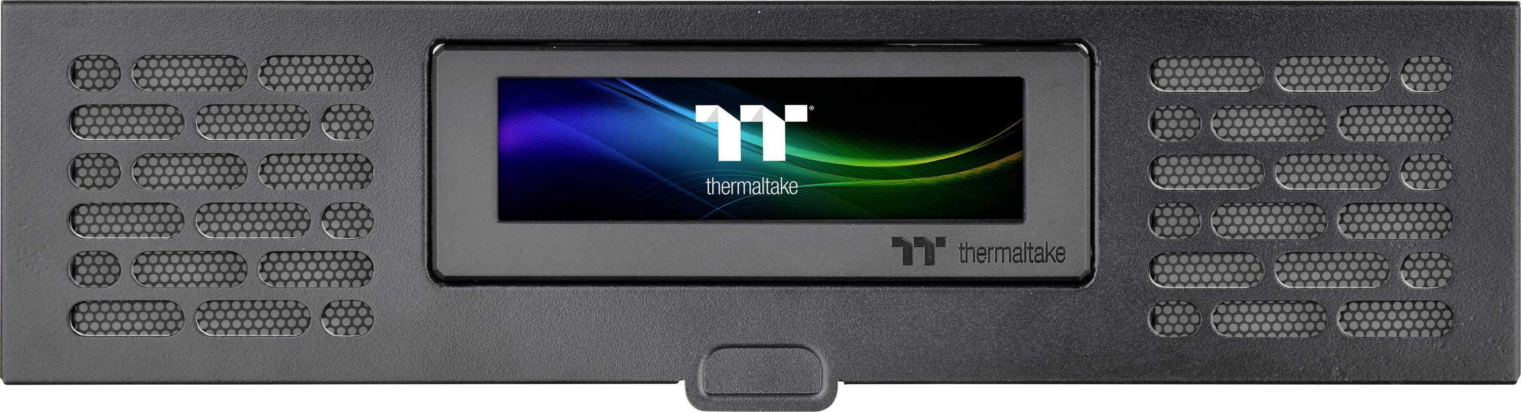 Vista frontale di un ventilatore per case Thermaltake nero con display illuminato che mostra il logo Thermaltake.