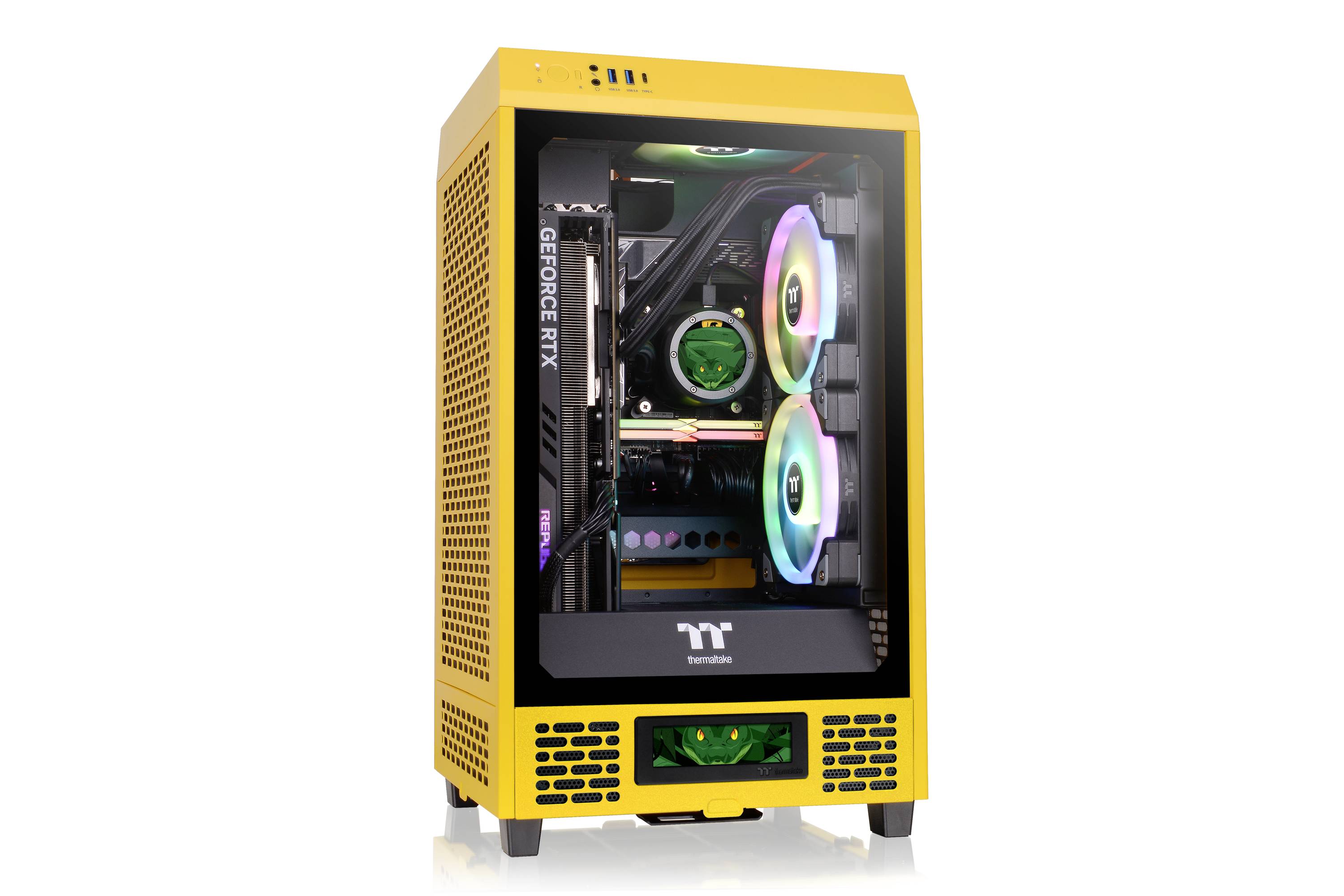 Un case per PC giallo mostra all'interno ventole colorate e luminose e una scheda grafica. Il case è in posizione verticale e ha un lato trasparente.