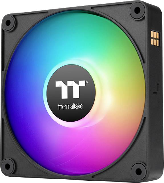 Un ventilatore per case RGB con cornice quadrata, che mostra vivaci effetti luminosi. Il logo 'thermaltake' è posizionato al centro.