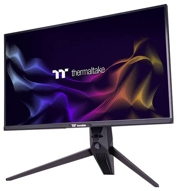 Un monitor di Thermaltake mostra un design astratto di colori ondulati sullo schermo.