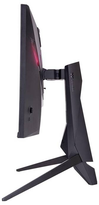 Un monitor catturato lateralmente con un design sottile e futuristico, dotato di un supporto robusto leggermente inclinato all'indietro.