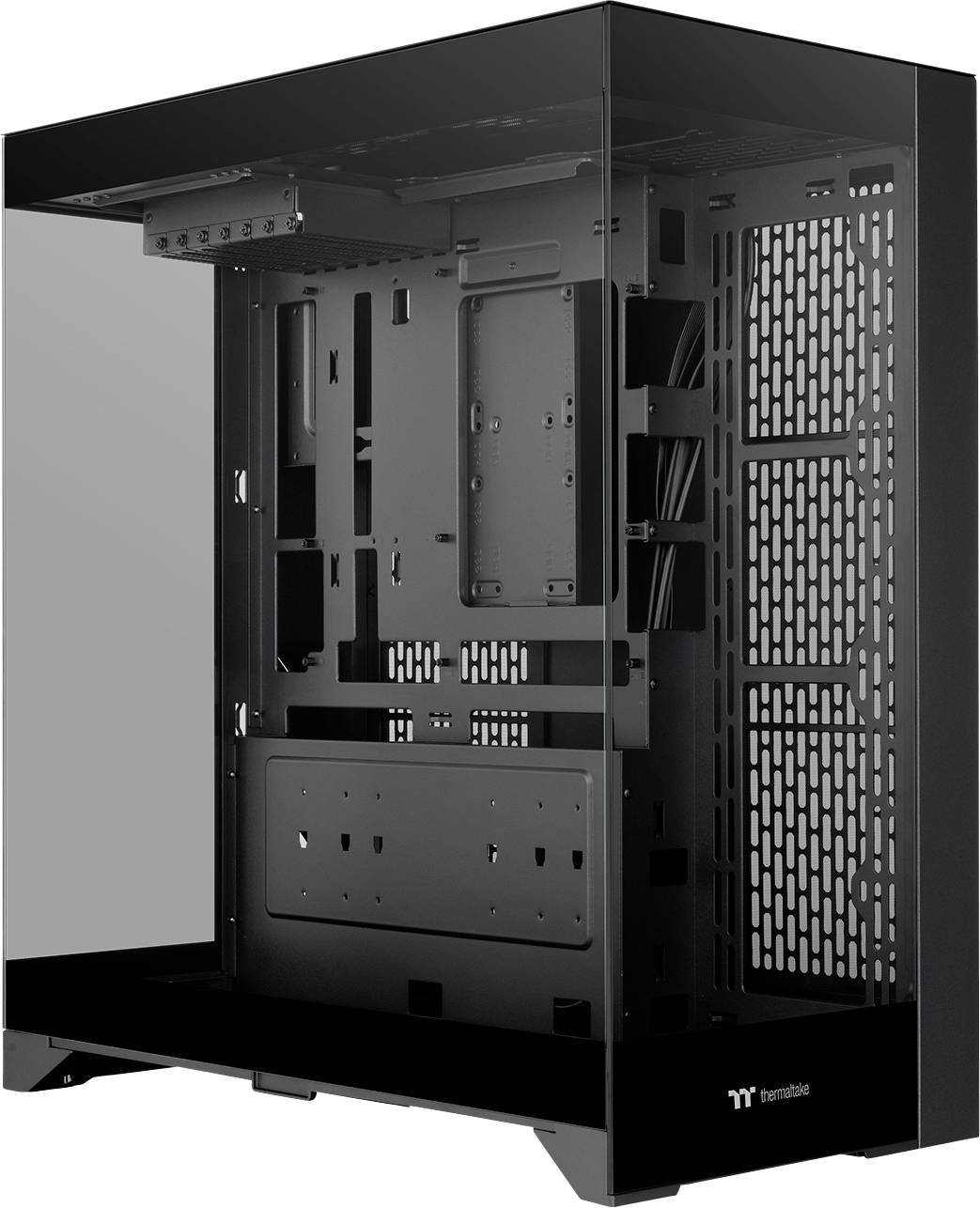 Case PC nero con parete laterale trasparente, vista interna che mostra gli slot per scheda madre e unità, griglia di ventilazione aperta.