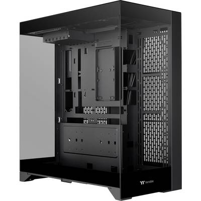 Case PC nero con parete laterale trasparente, vista interna che mostra gli slot per scheda madre e unità, griglia di ventilazione aperta.