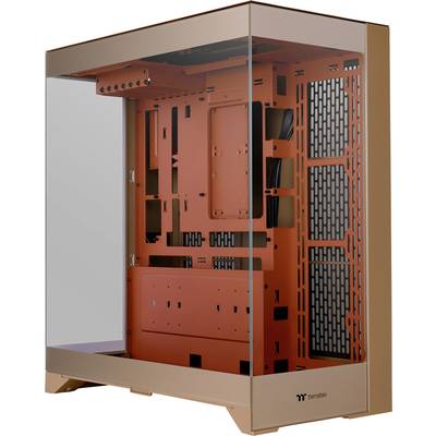 Un case per computer con un pannello laterale trasparente mostra il layout interno dei componenti hardware. Tonalità arancioni e nere.