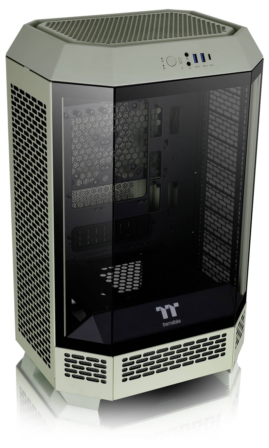 Un elegante tower per computer con illuminazione interna visibile attraverso una finestra laterale. Porte di ventilazione e USB sulla parte superiore e frontale.