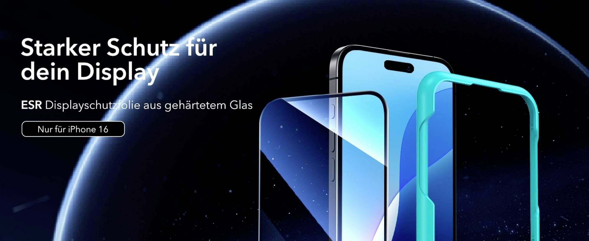 'Protezione robusta per il tuo display, pellicola protettiva ESR in vetro temperato. Solo per iPhone 16.' Tre schermi su uno sfondo planetario.