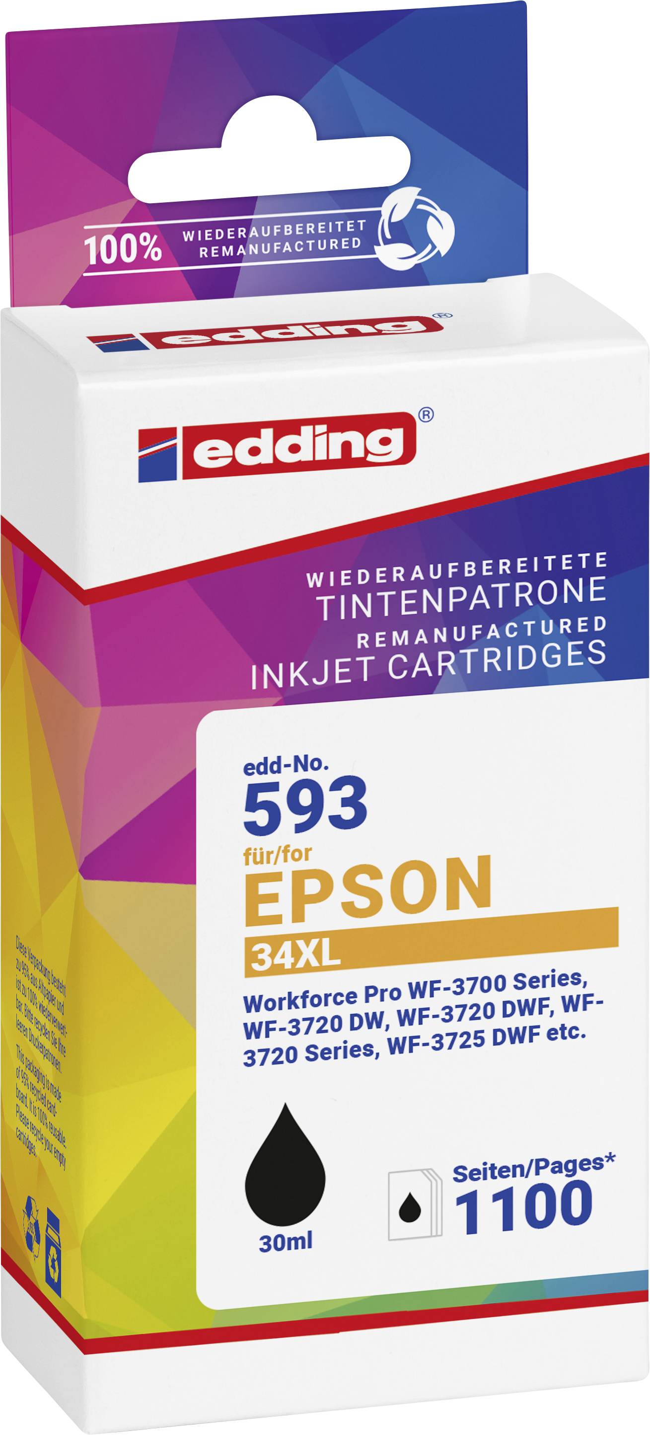 Confezione di una cartuccia d'inchiostro rigenerata Edding, compatibile con stampanti Epson, 34XL, 30 ml, per 1100 pagine.