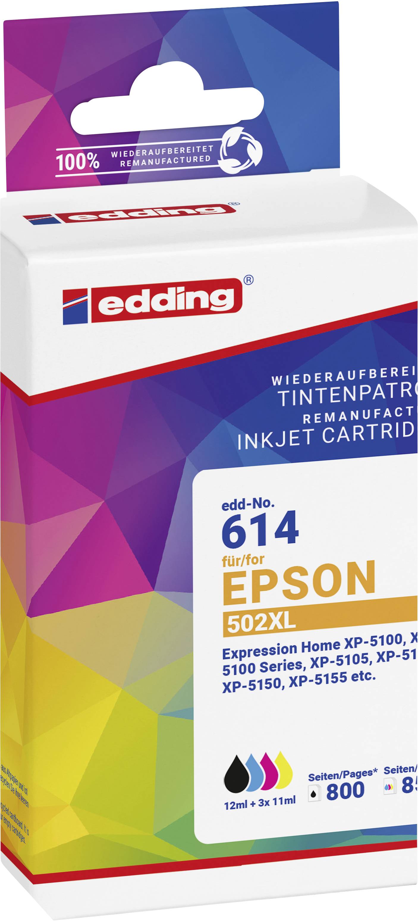 'Cartuccia d'inchiostro edding, Modello 614 per Epson 502XL. Compatibile con la Serie Expression Home XP-5100. Resa di stampa: 800-880 pagine.'