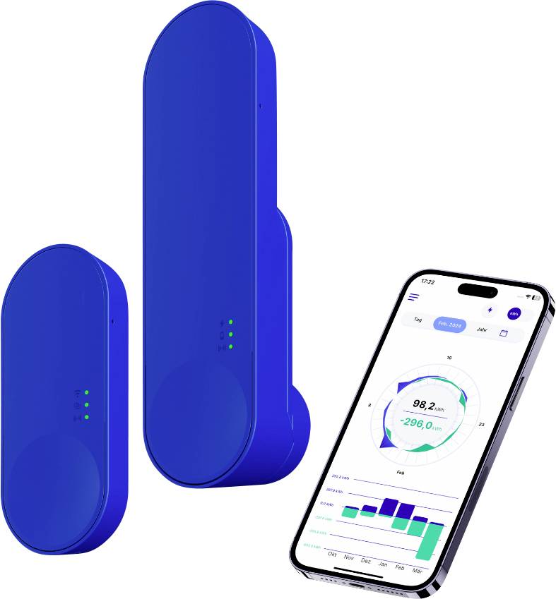 Un dispositivo smart home blu con due sensori accanto a uno smartphone che mostra un'app con diagrammi e dati per il monitoraggio energetico.