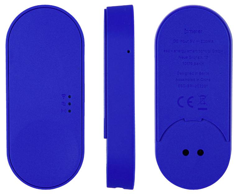 Tre dispositivi elettronici blu da diverse prospettive: vista frontale con piccoli punti, vista laterale e vista posteriore con scritte e simboli.