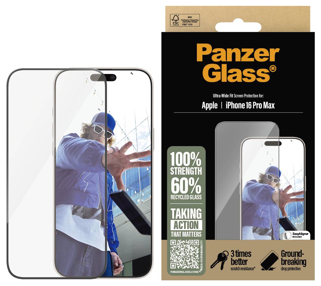 Confezione di un protettore schermo PanzerGlass per iPhone 16 Pro Max, che mostra vetro riciclato e promuove una resistenza del 100%.