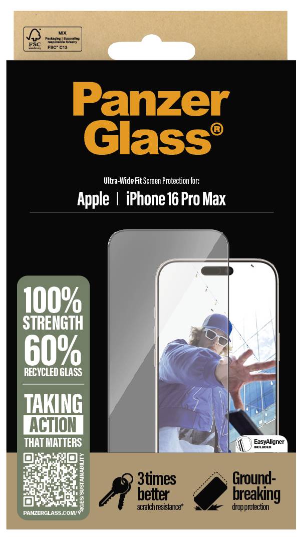 Pellicola protettiva per iPhone 16 Pro Max di PanzerGlass. Specifiche: 100% di resistenza, 60% di vetro riciclato, protezione antiurto migliorata.