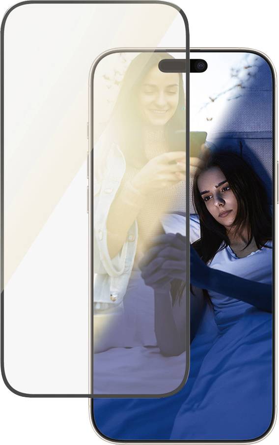 Due donne usano smartphone; una con luce blu al buio, l'altra con protezione per lo schermo alla luce. Tema: protezione degli occhi.