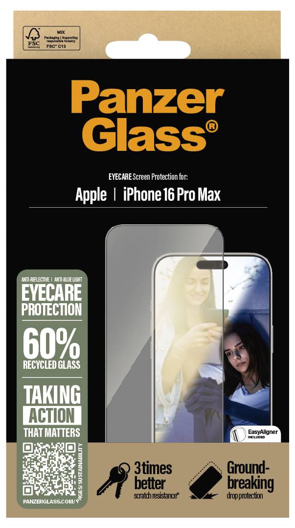 PanzerGlass Protezione display per iPhone 16 Pro Max; realizzato con il 60% di vetro riciclato; offre protezione per gli occhi e un'elevata resistenza ai graffi.