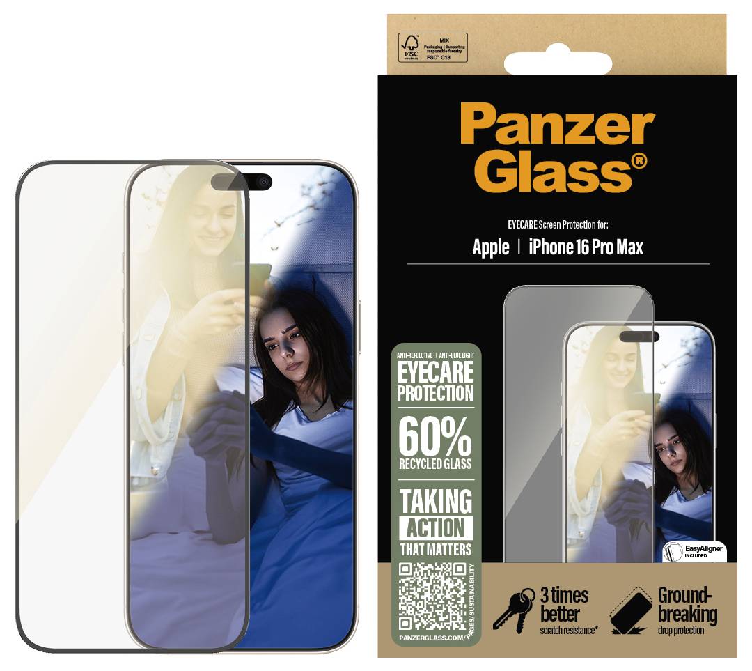 Protezione display per iPhone 16 Pro Max di PanzerGlass con vetro riciclato al 60%. Protezione Eyecare, antiriflesso. Confezione che mostra il prodotto e una persona con il cellulare.