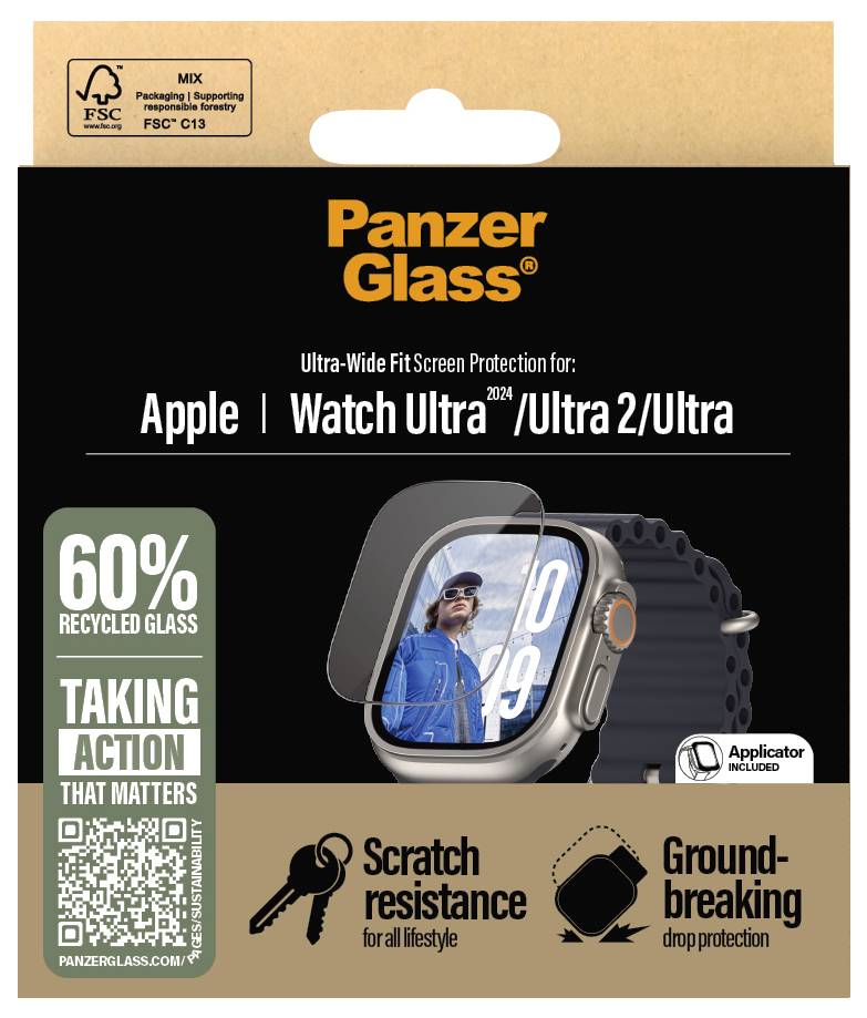 Confezione di una pellicola protettiva PanzerGlass per Apple Watch Ultra. Contiene materiali riciclati, resistente ai graffi e facile da applicare.