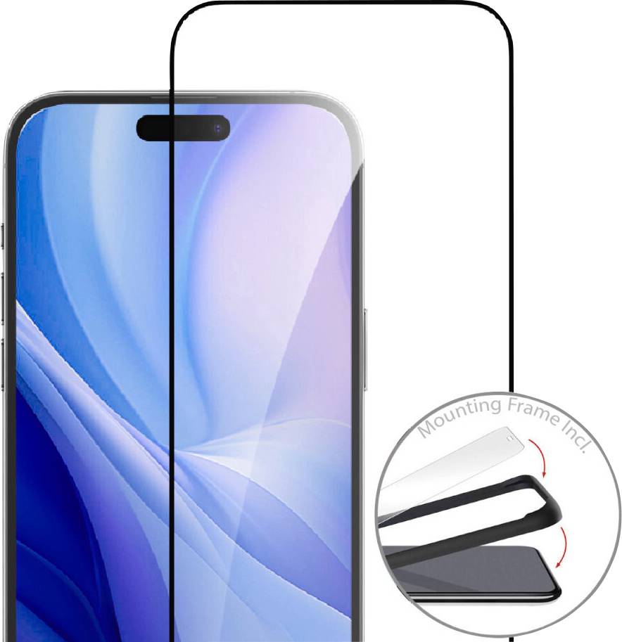 Un smartphone con uno sfondo blu sul display, accanto a un inserto circolare che mostra una cornice di montaggio e una pellicola protettiva.