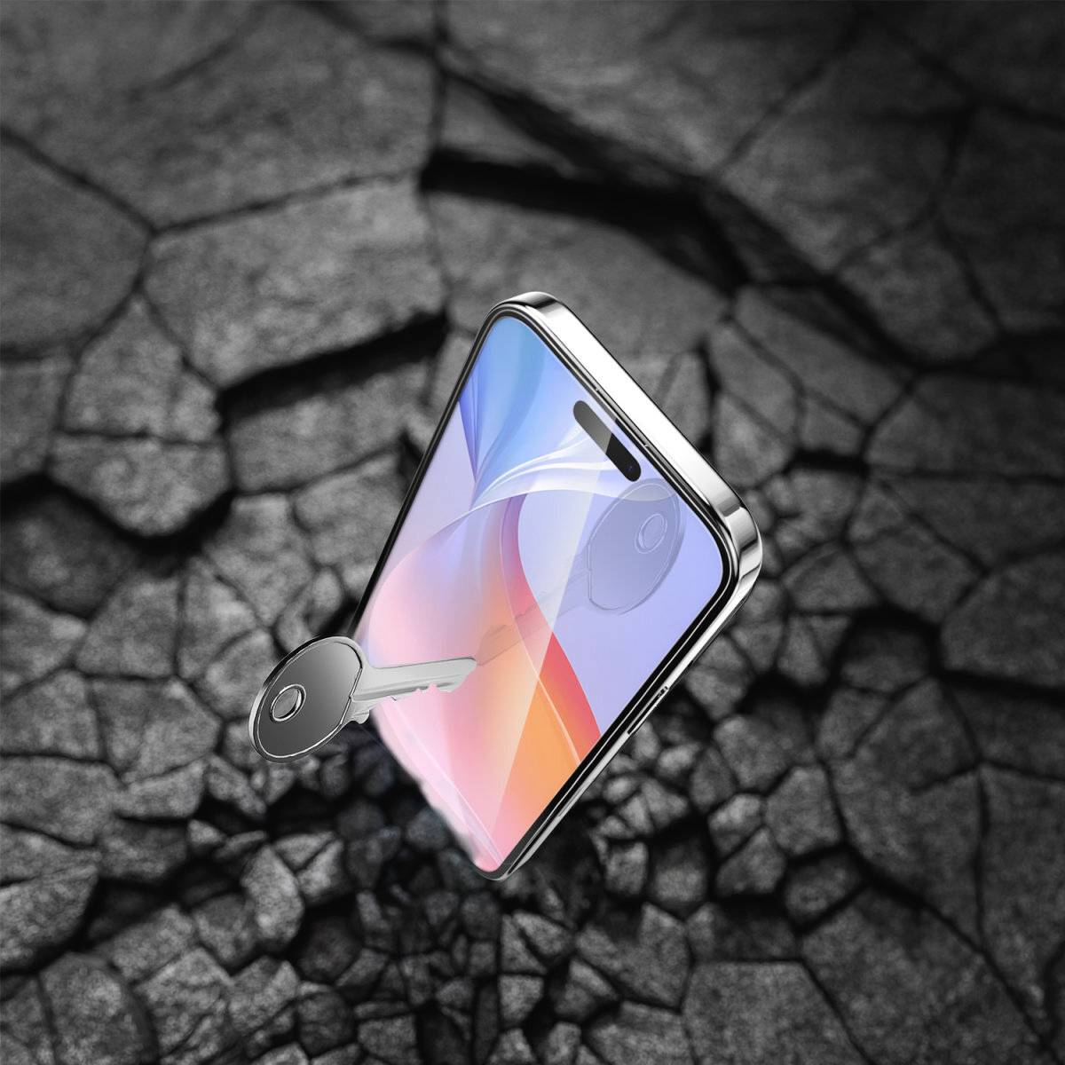 Un smartphone si muove con un bagliore luminoso attraverso una terra desolata e screpolata, con una chiave digitale che aleggia accanto.