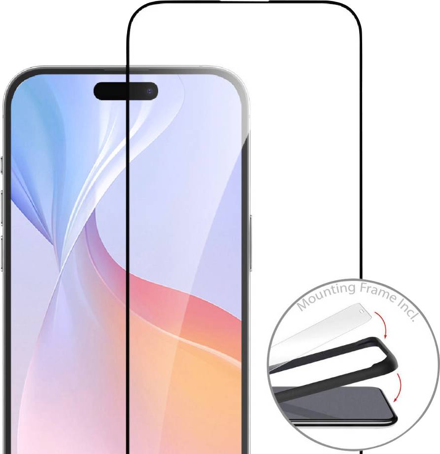 Protezione display per smartphone con cornice integrata. L'immagine mostra il film protettivo sopra lo schermo del cellulare e una cornice ingrandita.
