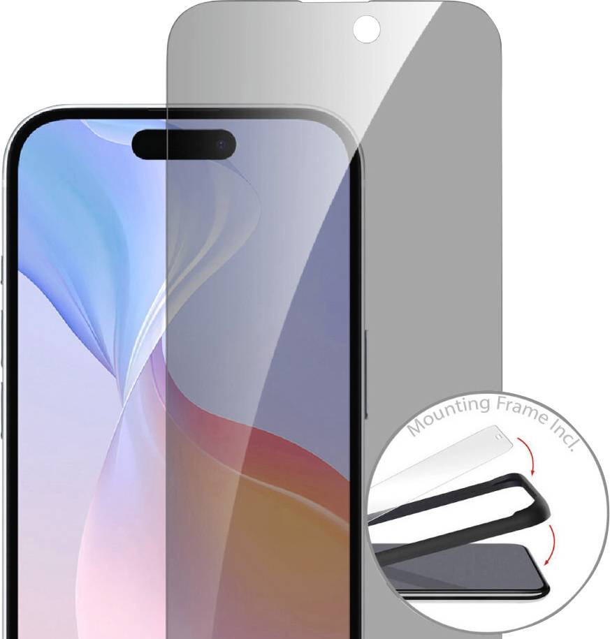 Pellicola protettiva per display con cornice di montaggio su uno smartphone. Lo schermo mostra una grafica astratta e colorata. Immagine dettagliata ravvicinata della cornice.