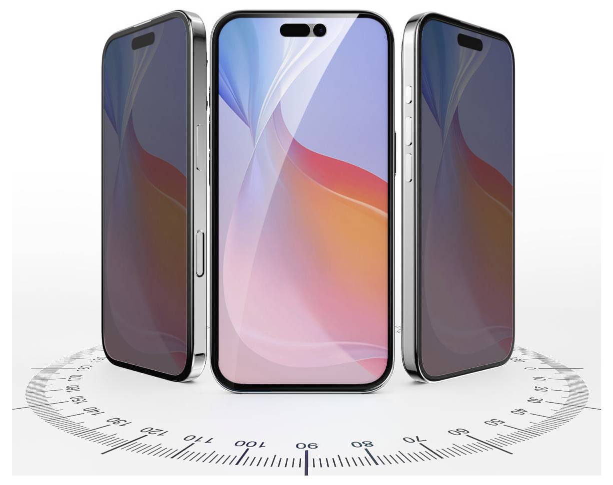 'Tre smartphone moderni disposti a semicerchio. Gli schermi mostrano un design astratto e colorato. Una squadra funge da sfondo.'