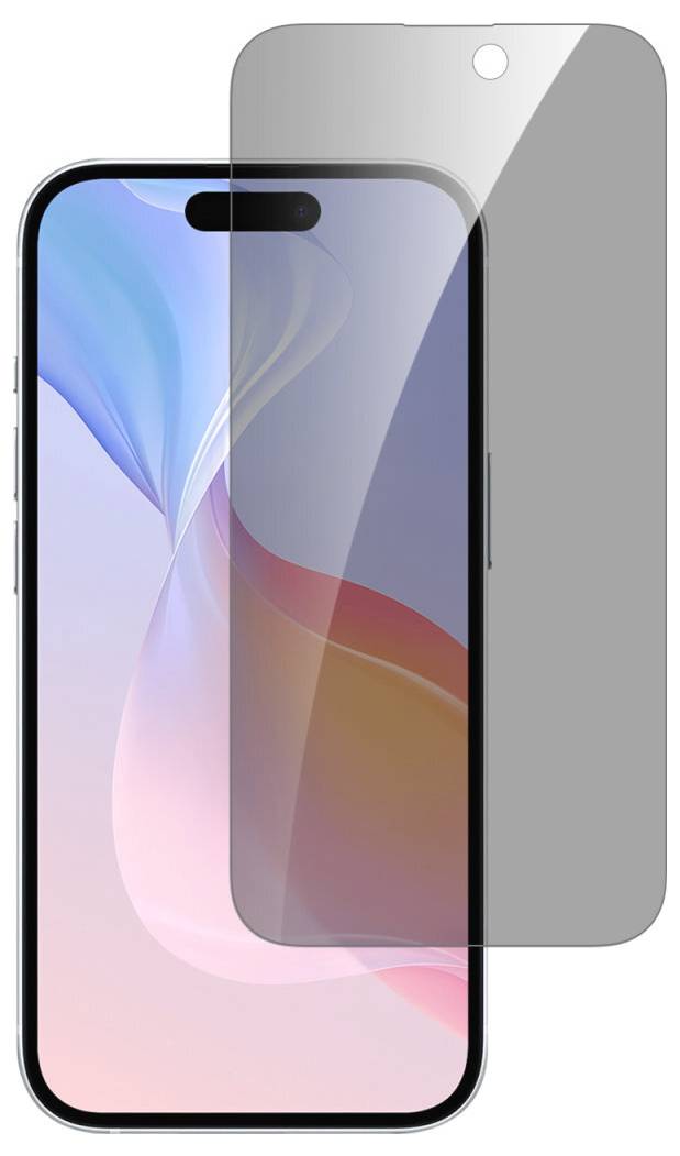 Un smartphone con una pellicola protettiva semitrasparente posizionata sopra. Lo schermo mostra un pattern astratto di colori.