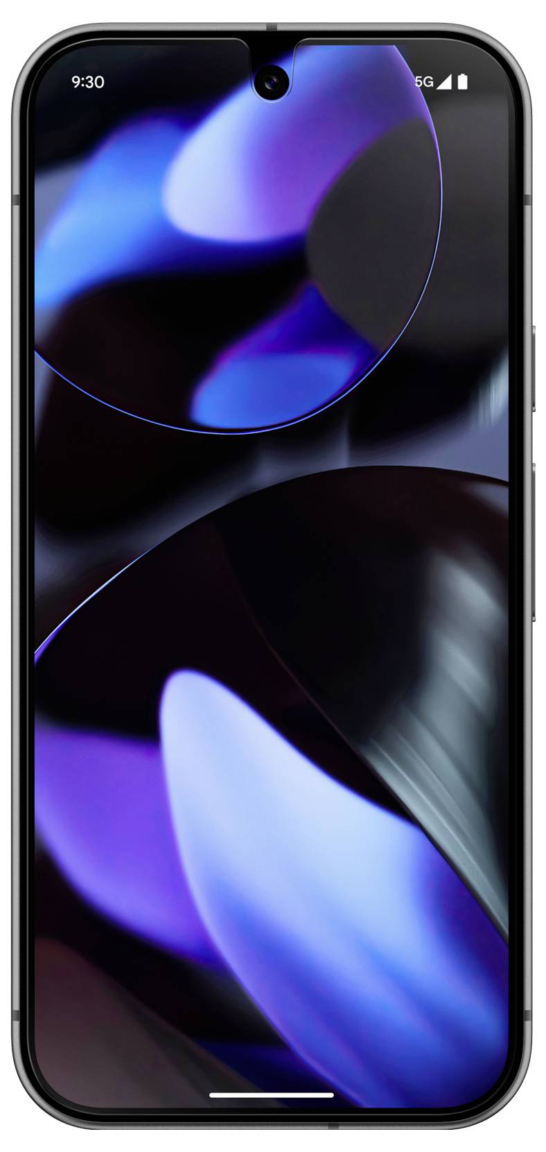 Primo piano di uno smartphone con forme astratte luminose e colorate sul display.