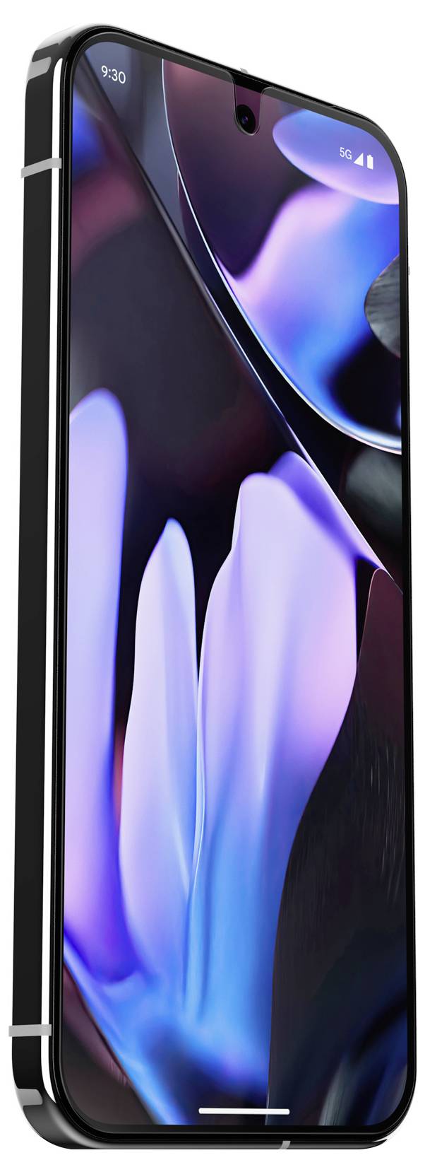 Smartphone con display curvo che mostra fiori colorati sfocati. Lo schermo visualizza l'ora '9:30', dispositivo mobile connesso alla rete 5G.