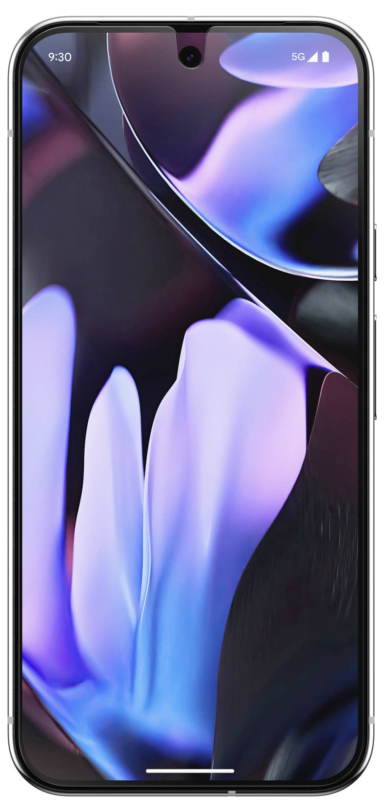 Smartphone con sfondo astratto blu-viola sul display. Ora in alto a sinistra: 9:30. Simbolo 5G visibile.