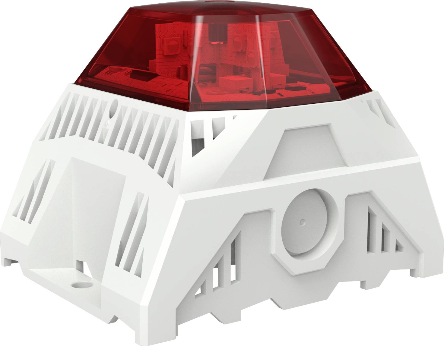 Un rivelatore di fumo bianco con una luce di allarme rossa. L'involucro ha fessure di ventilazione e un coperchio superiore rosso e trasparente.