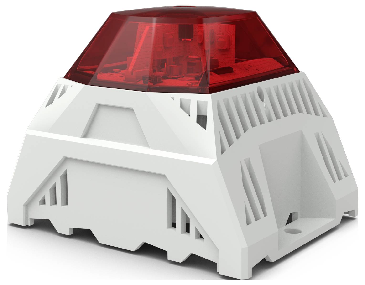 Una luce di allarme bianca con involucro rosso, tipica per segnalazioni di emergenza o avviso.