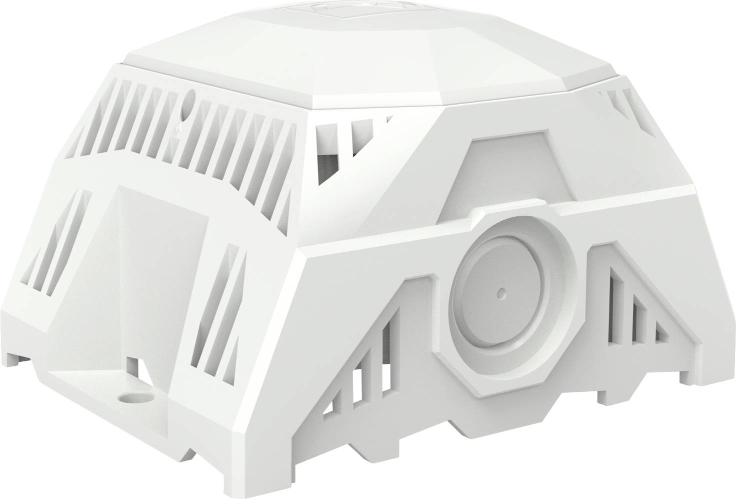Un rilevatore di fumo e calore bianco, ottagonale, con design a griglia e una depressione centrale rotonda per il rilevamento di fumo e calore.
