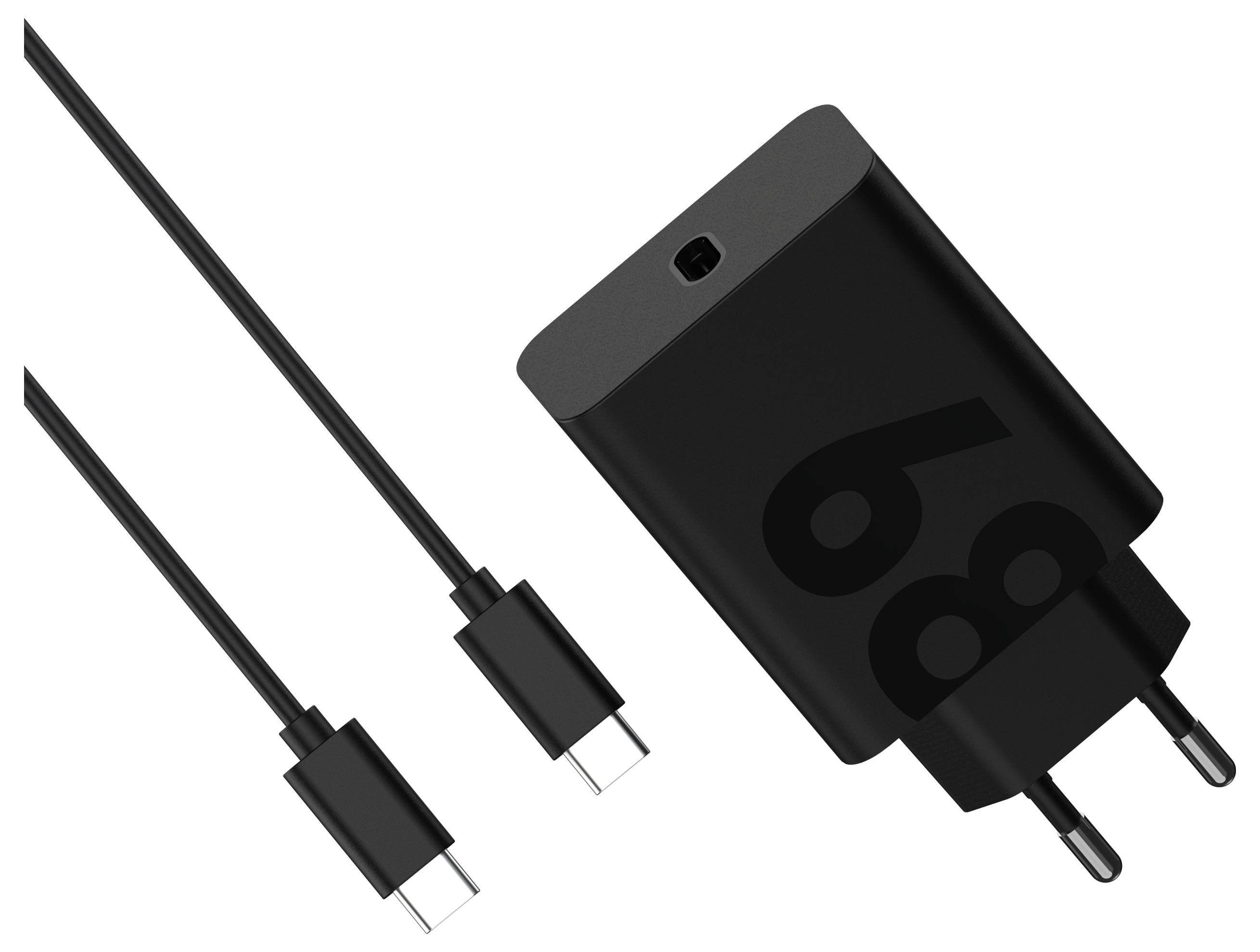 Caricabatterie nero USB-C con due cavi USB-C, idoneo per la ricarica rapida di dispositivi.