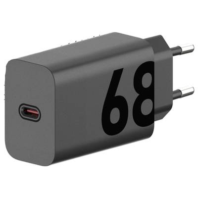 Caricabatterie nero con USB-C, due pin e il numero '68' sul lato, adatto per la ricarica rapida.