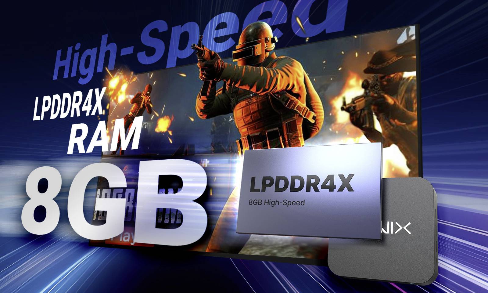 '8 GB LPDDR4X RAM' rappresentato con uno sfondo dinamico e soldati in azione, simboleggia alta velocità e prestazioni.