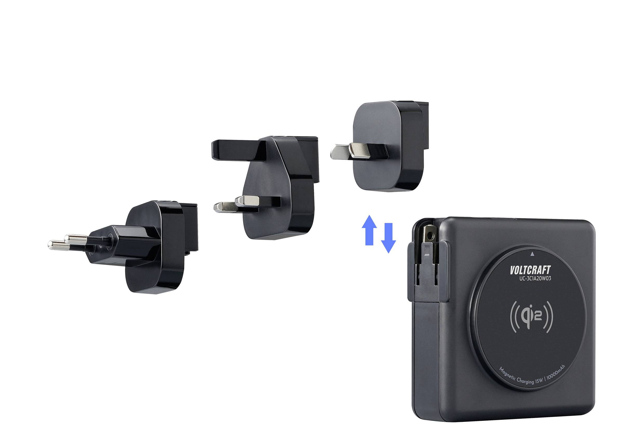 Caricabatterie con tre spine intercambiabili e la scritta 'VOLTCRAFT Qi2' sul lato anteriore, mostra la compatibilità con diversi tipi di prese elettriche.