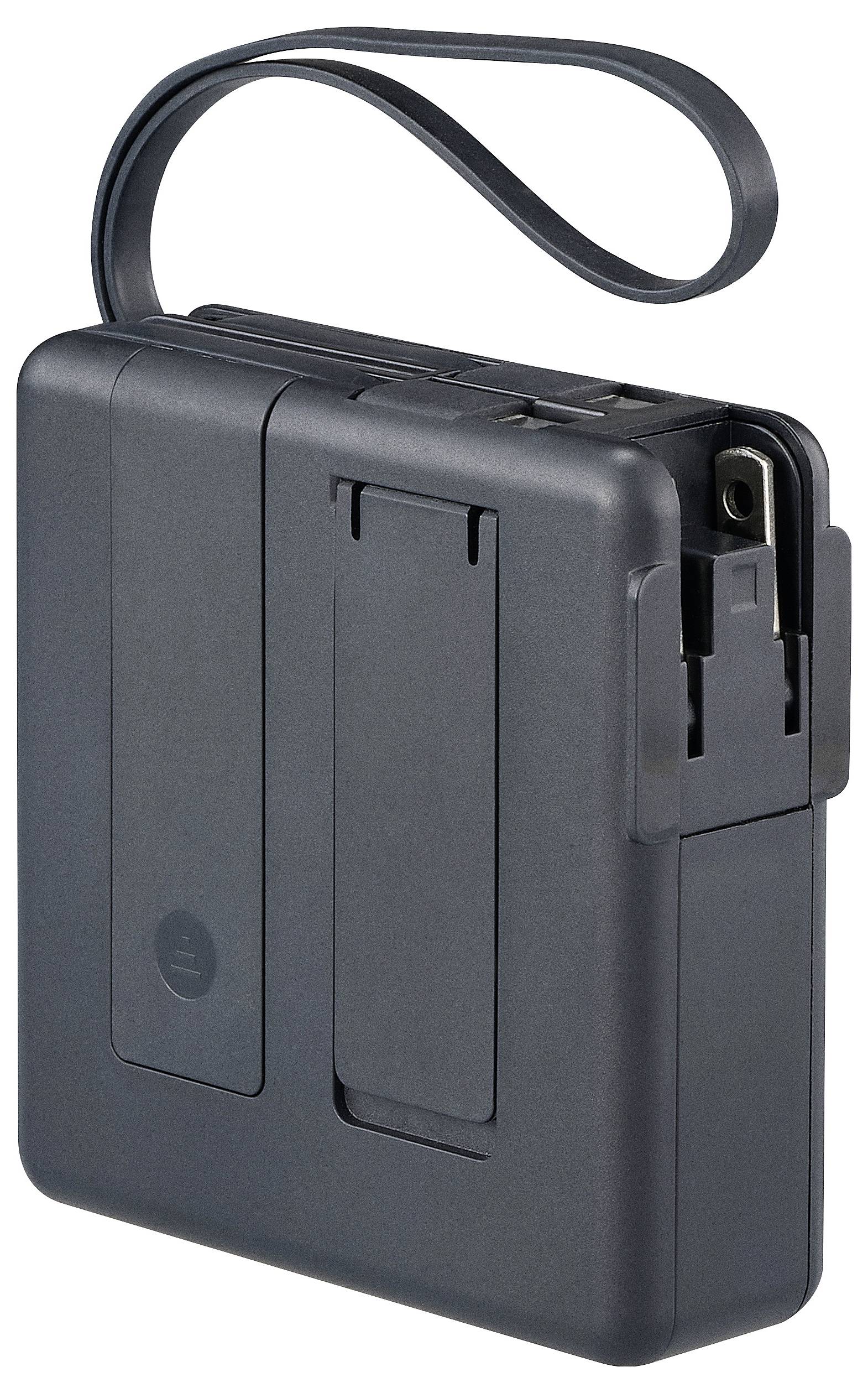 Registratore a cassette portatile nero, compatto e dalla forma rettangolare, con cinghia per il trasporto.