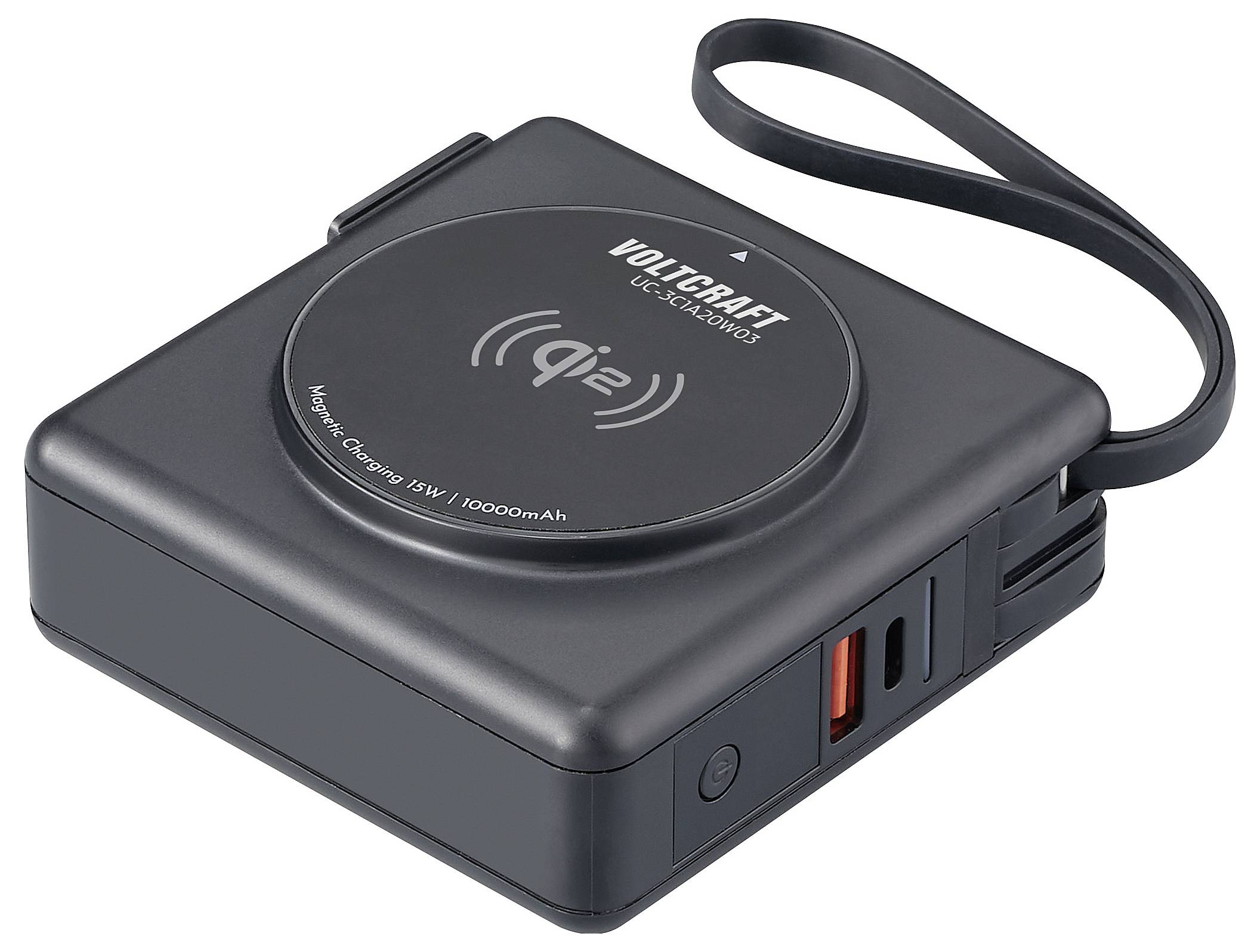 Caricabatterie wireless nero compatto con stampa 'Voltcraft', simbolo Qi, una porta USB e un indicatore LED sul lato.