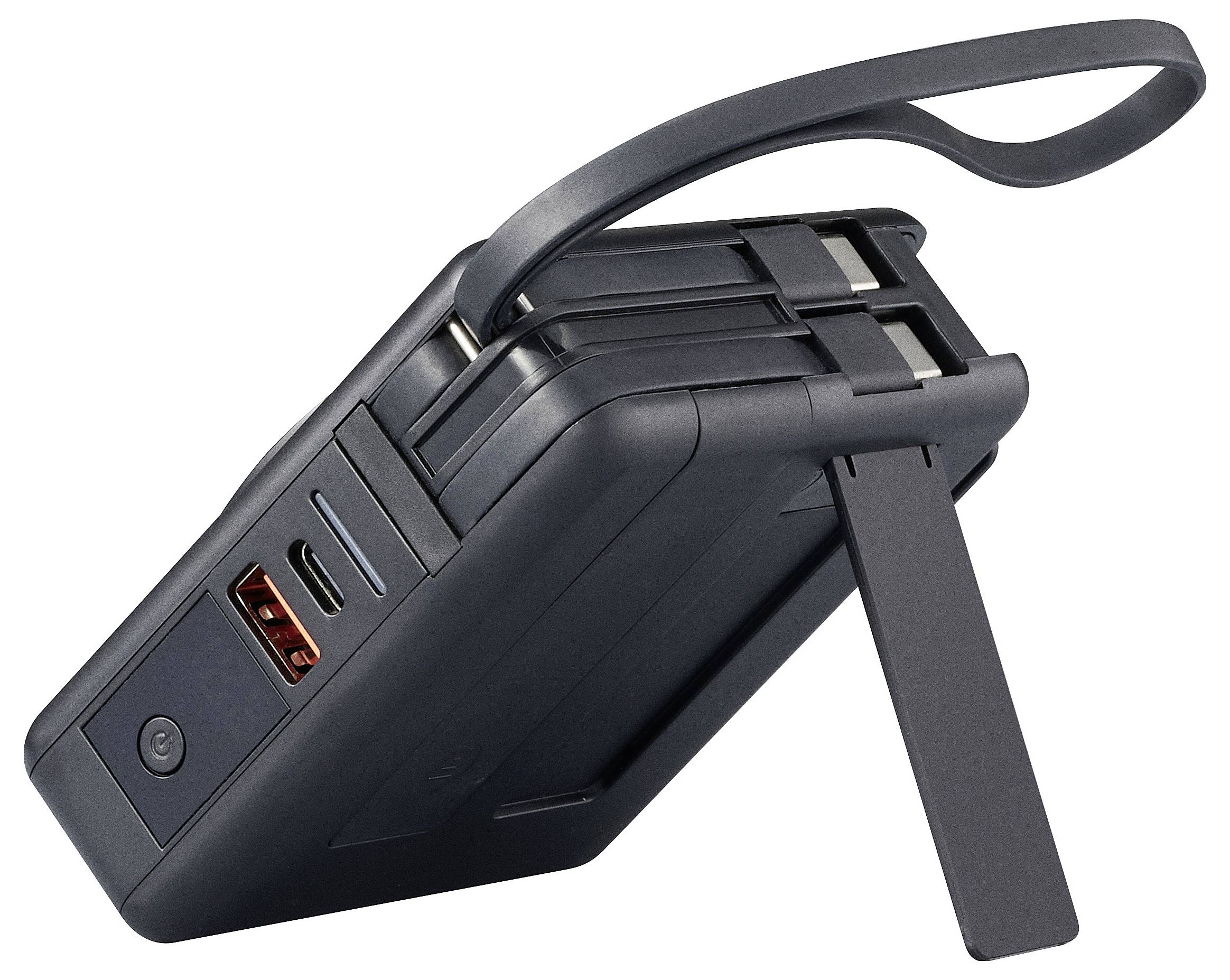 Powerbank esterna nera con due porte USB, una porta USB-C, un pulsante di accensione laterale e un laccio da trasporto.