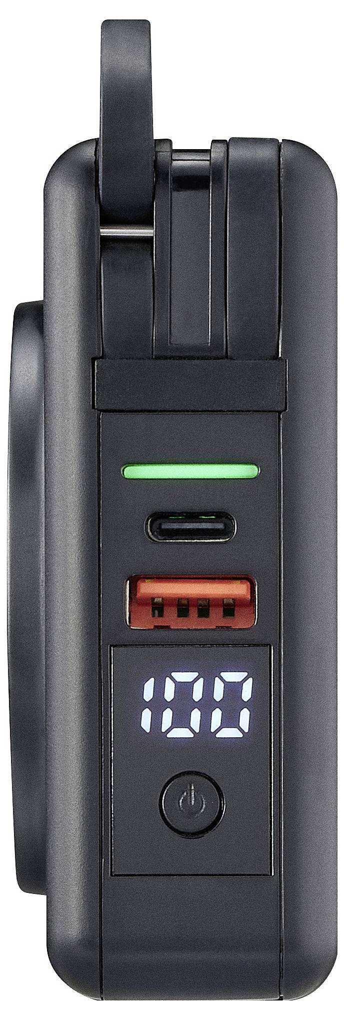 Caricabatterie portatile nero con display digitale '100', porte USB e luce verde, che indica la piena capacità di carica.