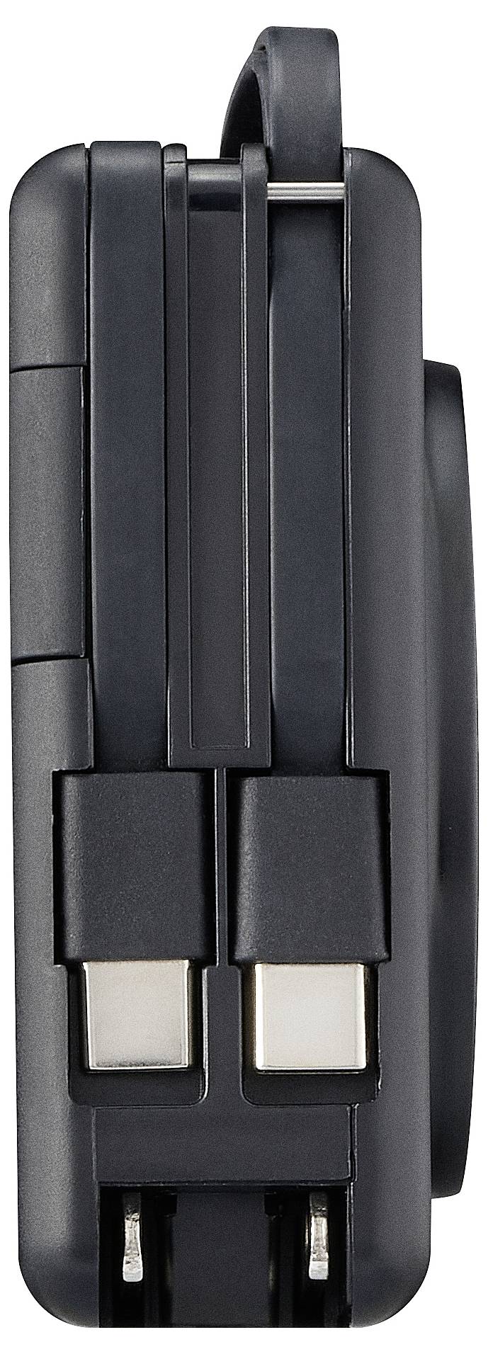 Adattatore nero compatto con due porte USB e spina pieghevole, idoneo per la ricarica mobile di dispositivi.