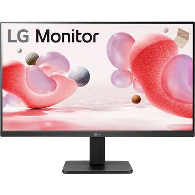 Un monitor LG con una vivace visualizzazione di forme astratte in tonalità di rosso e rosa su uno sfondo chiaro.